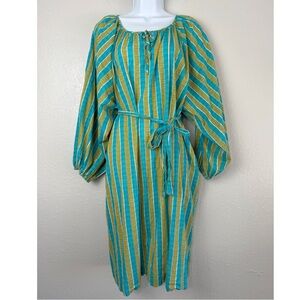 Fragonard parfumeur blue green striped waist tie oversized midi dress coverup OS